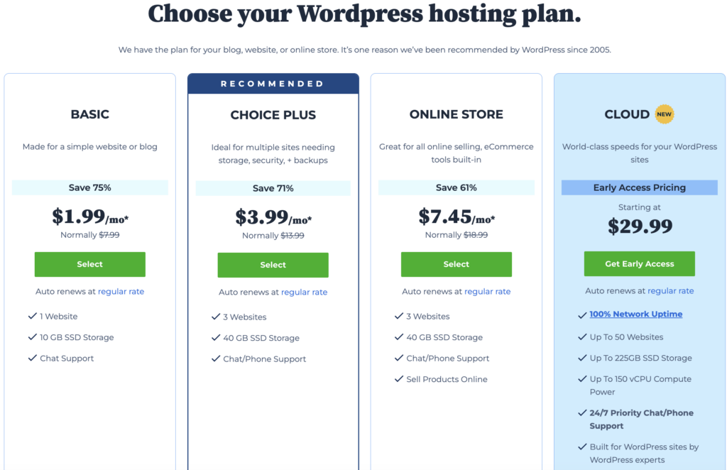 Bluehost Shared Hosting Plan Pricing Table Screenshot