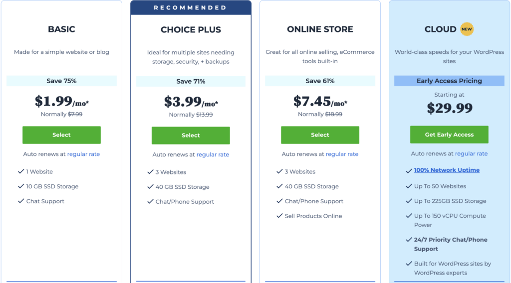 Bluehost Web Hosting Plans Pricing Comparison Page Screenshot