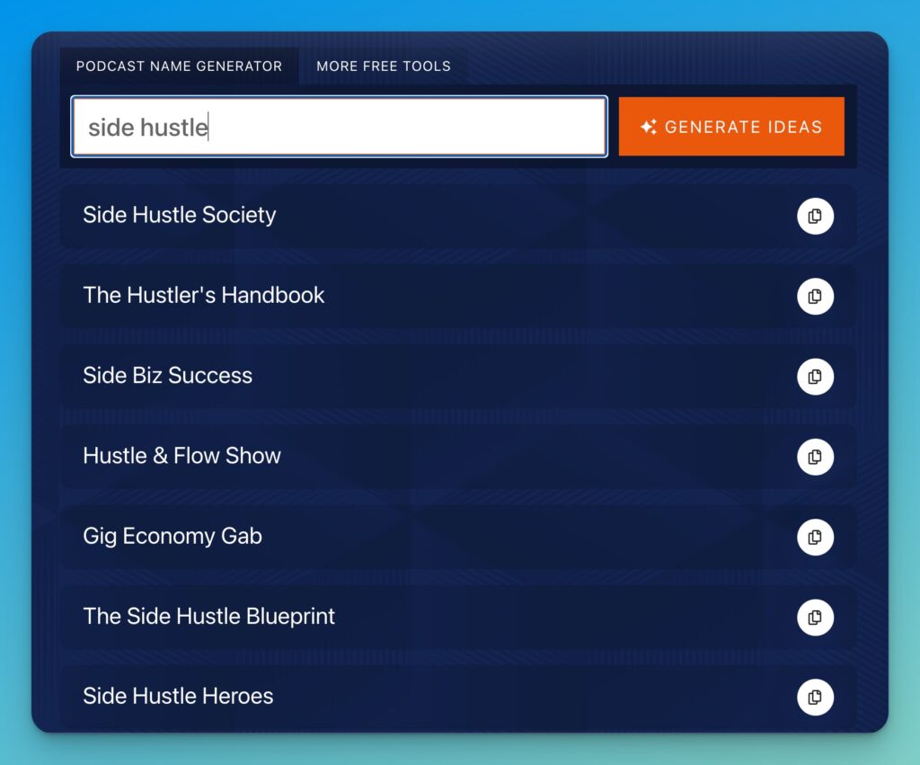 Free Podcast Name Generator (AI Tool) for 100+ Clever Podcast Name Ideas Screen Shot