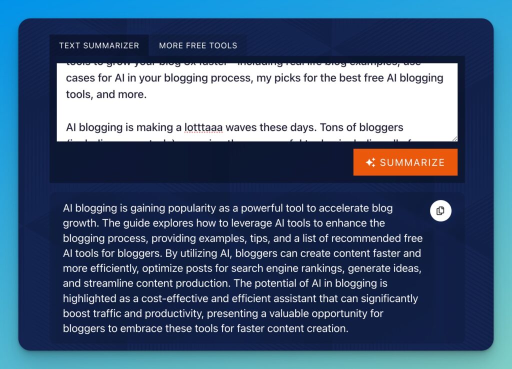 Free Text Summarizer Tool (AI Summarizing) Screen Shot Example
