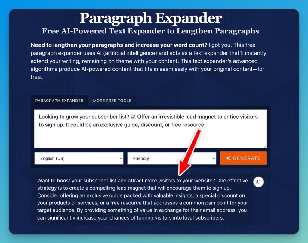 Paragraph Expander (Free AI Tool to Extend Paragraphs) Make Paragraphs Longer in One Click Example Screen Shot