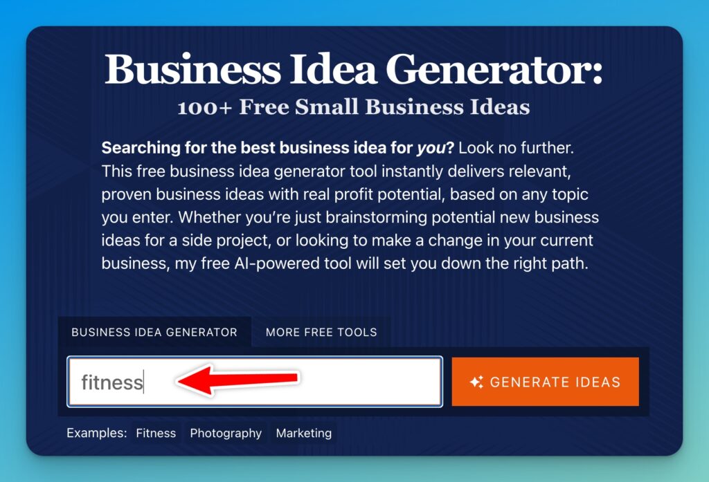 Startup Idea Generator Tool (Fitness Example) Screen Shot