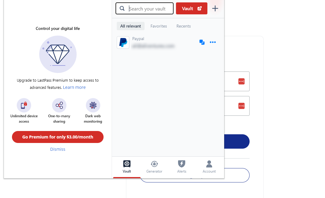 Screenshot of the LastPass Chrome extension, showing a saved PayPal password in the LastPass Vault