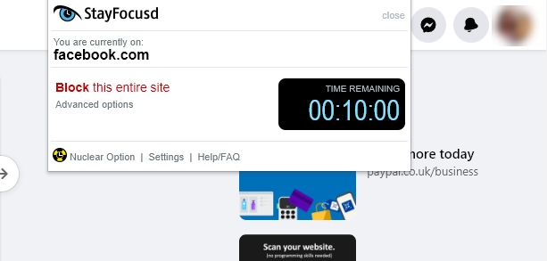 Screenshot of the StayFocusd Chrome extension, blocking Facebook for 10 minutes