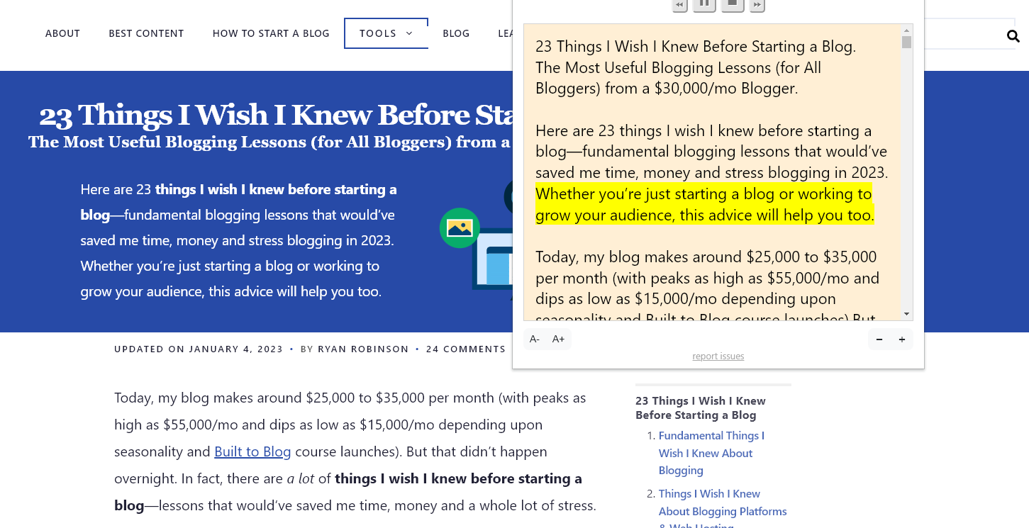 Read Aloud Chrome extension screenshot, showing text from my blog post 23 Things I Wish I Knew Before Starting a Blog being read aloud