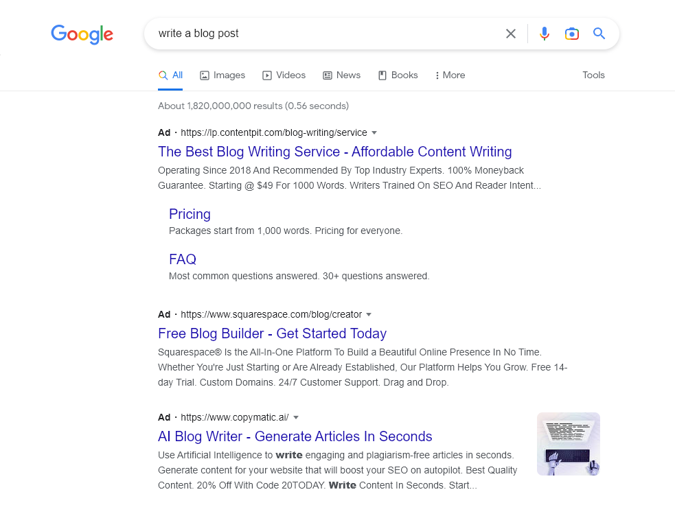 Screenshot of the uBlock Origin Chrome extension, showing Google results for the search term write a blog post. The top 3 results are ads.