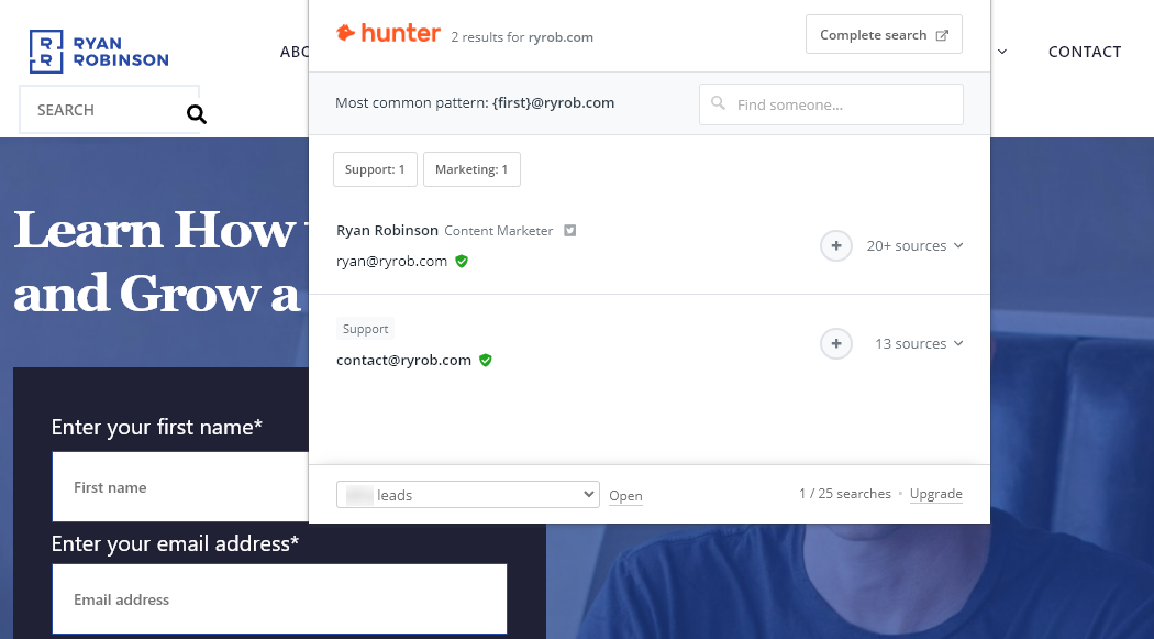 Hunter Chrome extension screenshot, showing the tool looking for email addreses relating to ryrob.com (it's found ryan@ryrob.com and contact@ryrob.com)