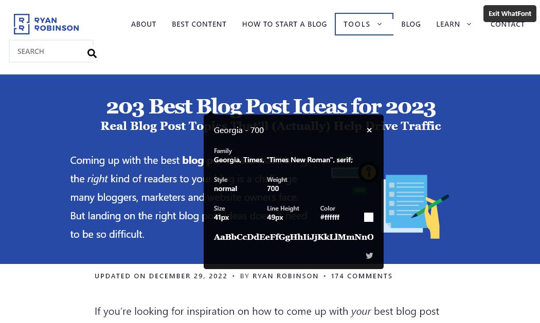 WhatFont Chrome extension screenshot, showing the extension picking up the font of a blog post title (203 Best Blog Post Ideas) on RyRob