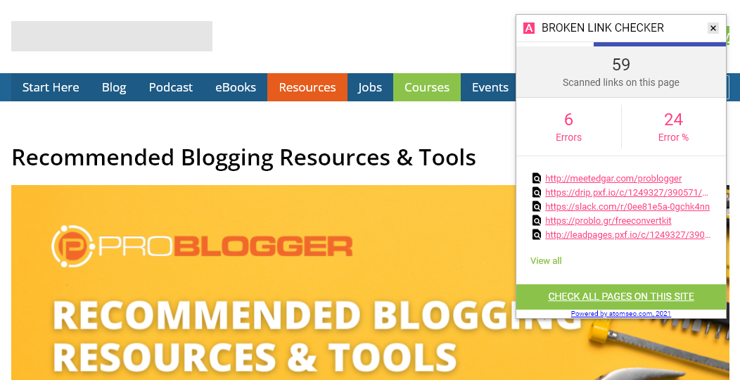 Broken Link Checker Chrome extension screenshot, showing broken links on the ProBlogger.com Resources & Tools page