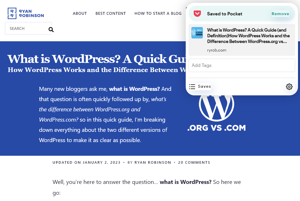 Save to Pocket Chrome extension screenshot, showing my What is WordPress? page being saved to my Pocket account