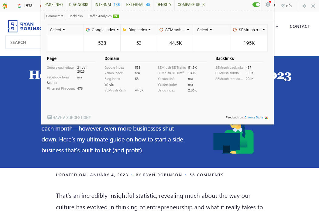 SEOquake Chrome extension screenshot, showing SEO metrics about my page How to Start a Business (on the Side)