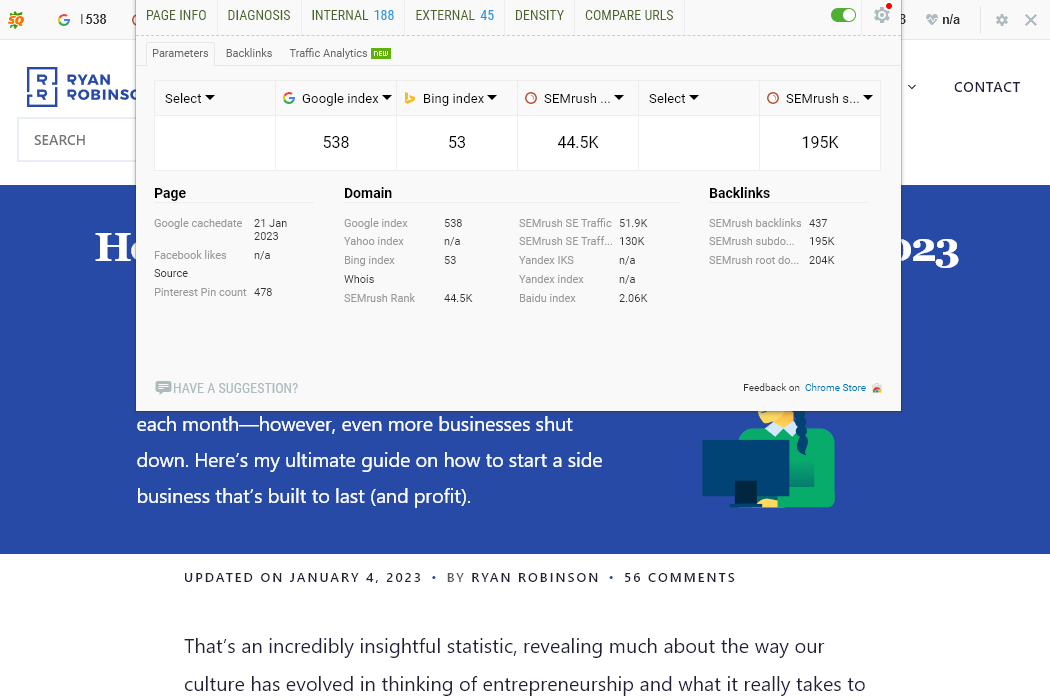 SEOquake Chrome extension screenshot, showing SEO metrics about my page How to Start a Business (on the Side) 