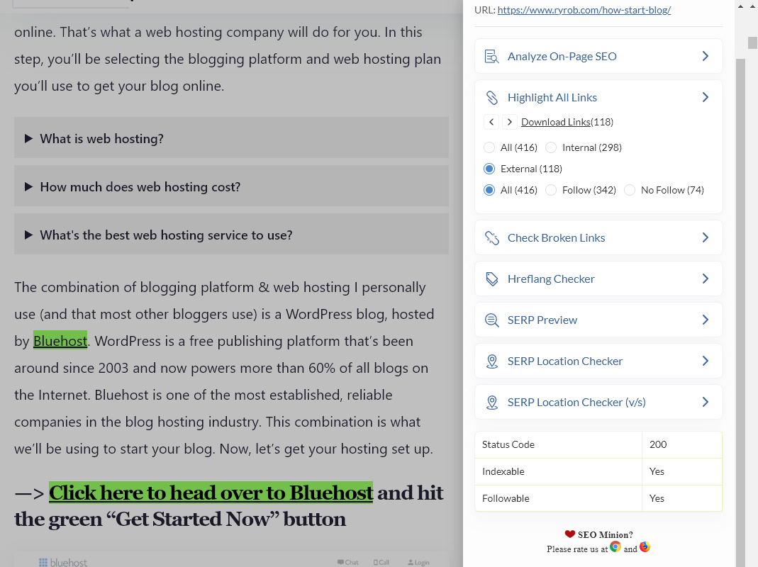 SEO Minion Chrome Extension screenshot, showing information relating to the How to Start a Blog page on RyRob.com
