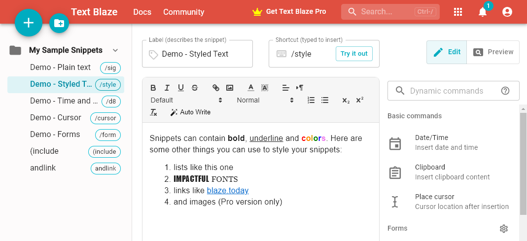 Text Blaze Chrome extension screenshot, showing a demo of Text Blaze being used to create styled text