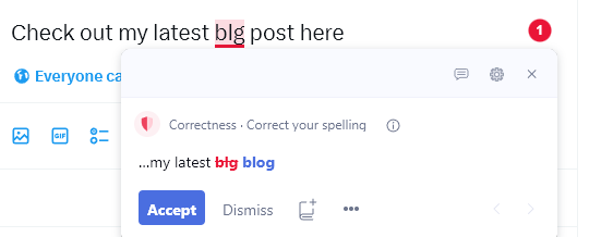 Grammarly Chrome extension screenshot, showing Grammarly correcting the word blg to blog