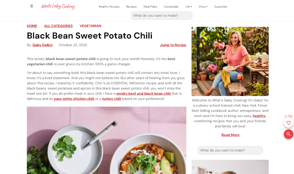 An example of a recipe post, for Black Bean Sweet Potato Chili, from What's Gaby Cooking