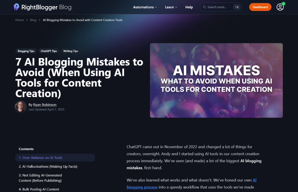 Example of a Mistakes to Avoid blog post on RightBlogger: 7 AI Blogging Mistakes to Avoid