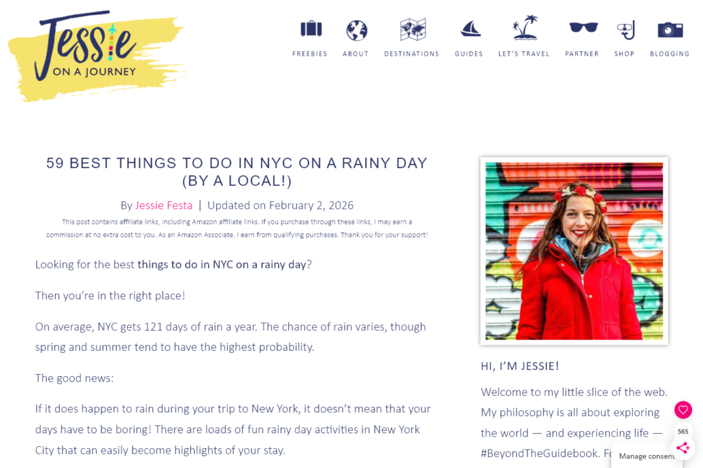 An example of a Things to Do post, from Jessie on a Journey, titled 59 Best Things to Do in NYC on a Rainy Day (By a Local!)