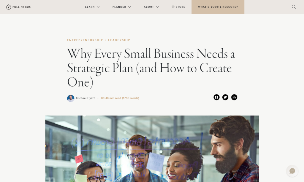 Screenshot of a blog post example from Michael Hyatt (Why Every Small Business Needs a Strategic Plan and How to Create One)