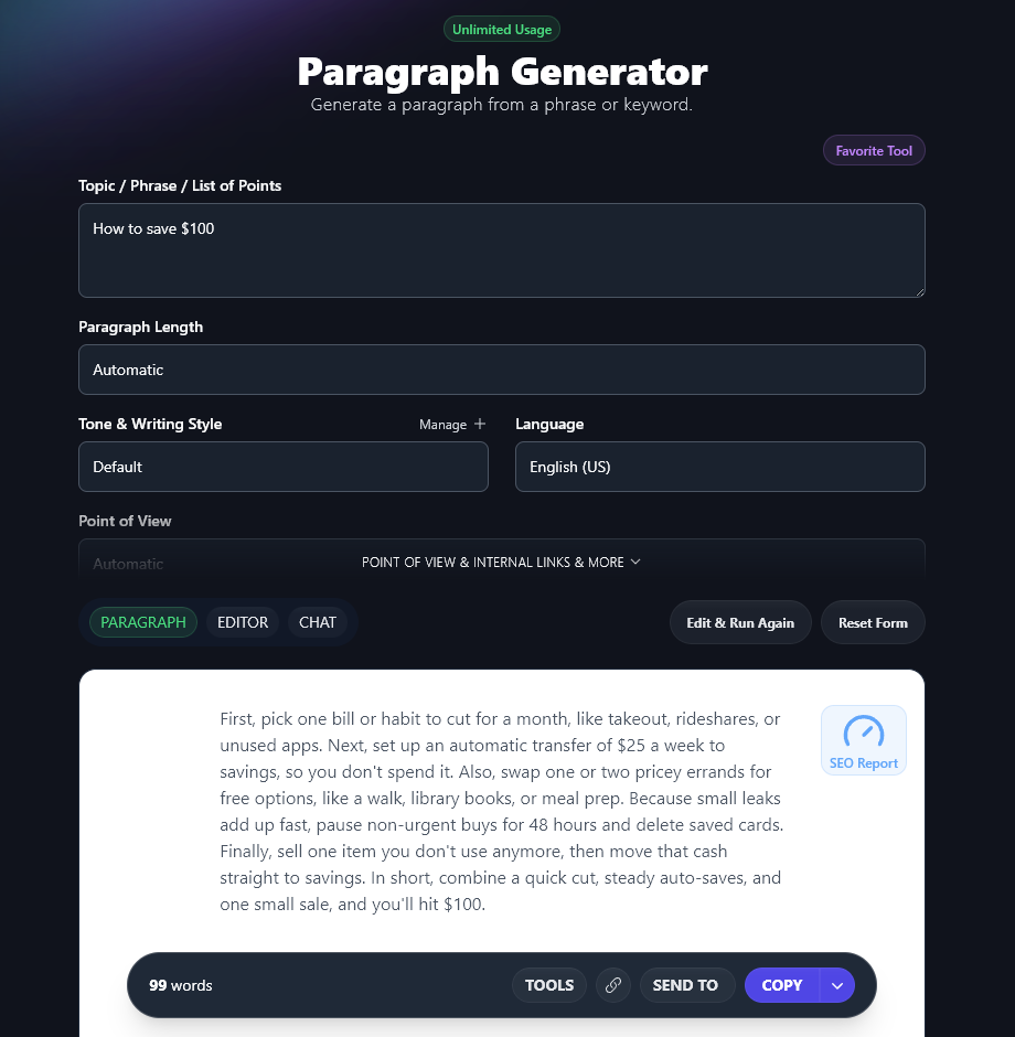 Using the Paragraph Generator to produce a paragraph on a specific topic (ideal for adding into a blog post written with AI)