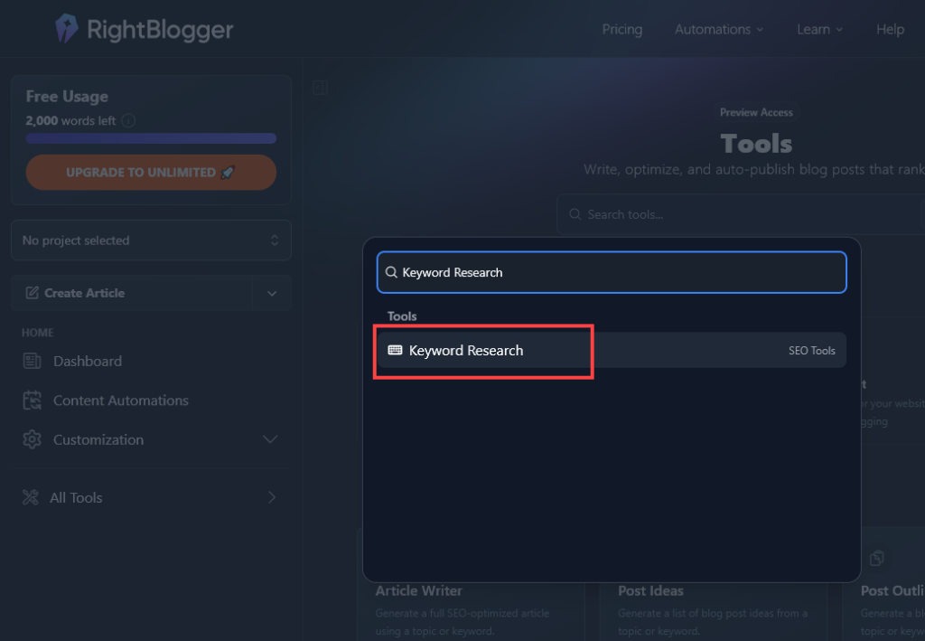 Locating the Keyword Research tool in RightBlogger