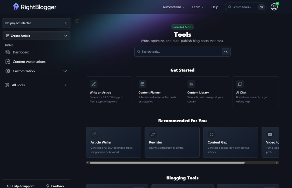 RightBlogger Tools Dashboard (How to Write a Blog Post with AI for Free) RightBlogger Tutorial