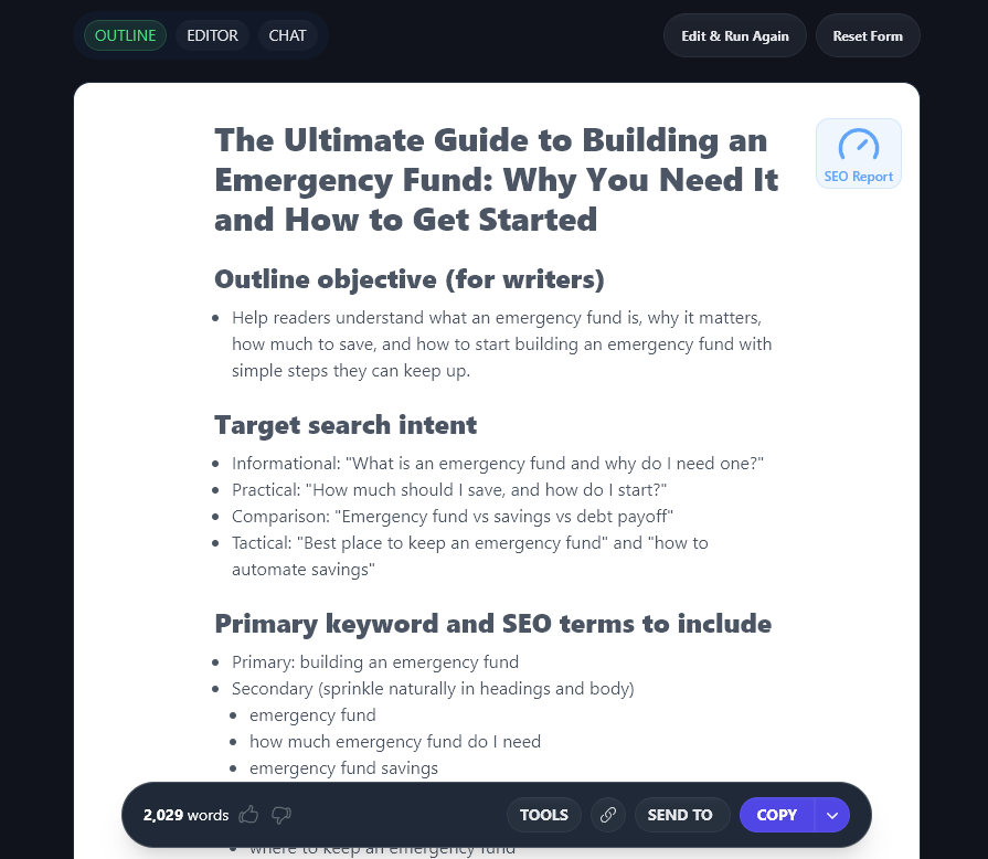 A detailed outline produced by RightBlogger's blog post outline generator