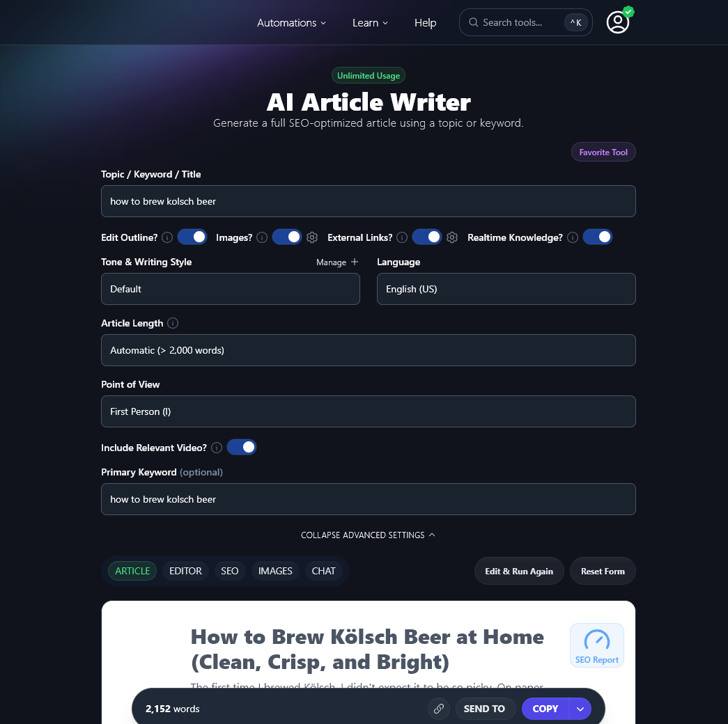 RightBlogger Article Writer Screen Shot (How to Write a Blog Post with AI Tutorial)