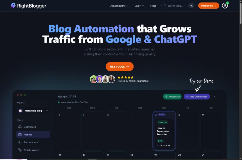 RightBlogger's homepage, showing autoblogging calendar
