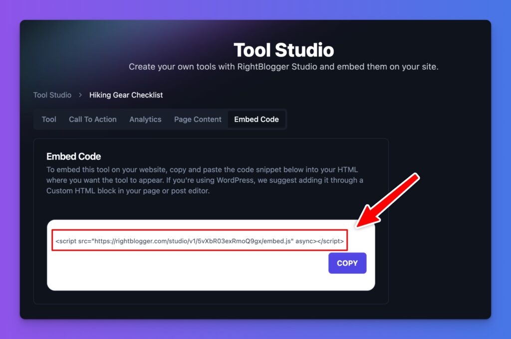Embed Code Screenshot (How to Embed AI Tools on a Website Tutorial)