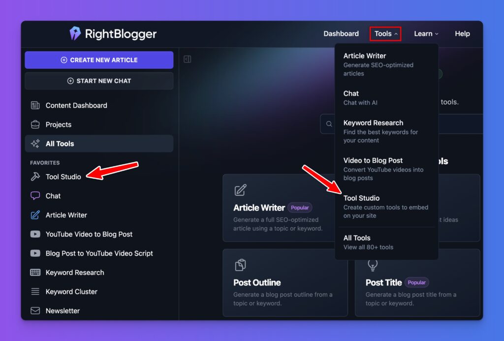 Finding Tool Studio in RightBlogger (Screen Shot)