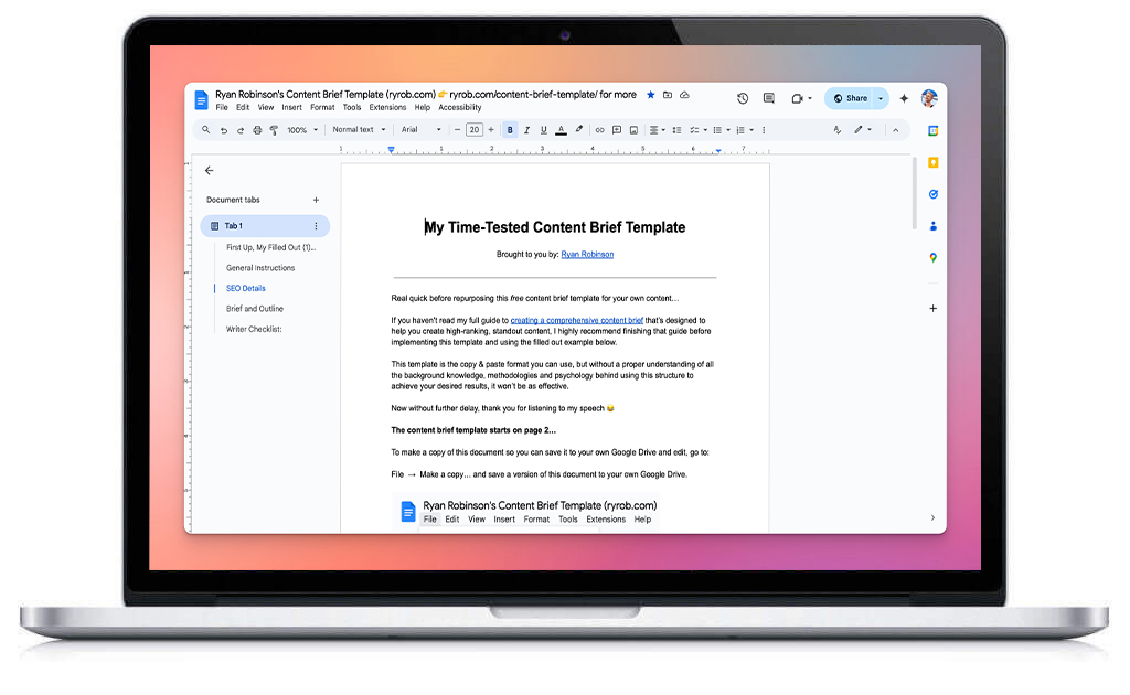 Ryan Robinson's Content Brief Template Download (Screenshot)