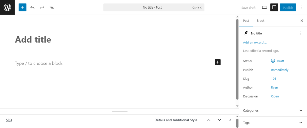 A blank post in WordPress showing the block editor and the Post settings.