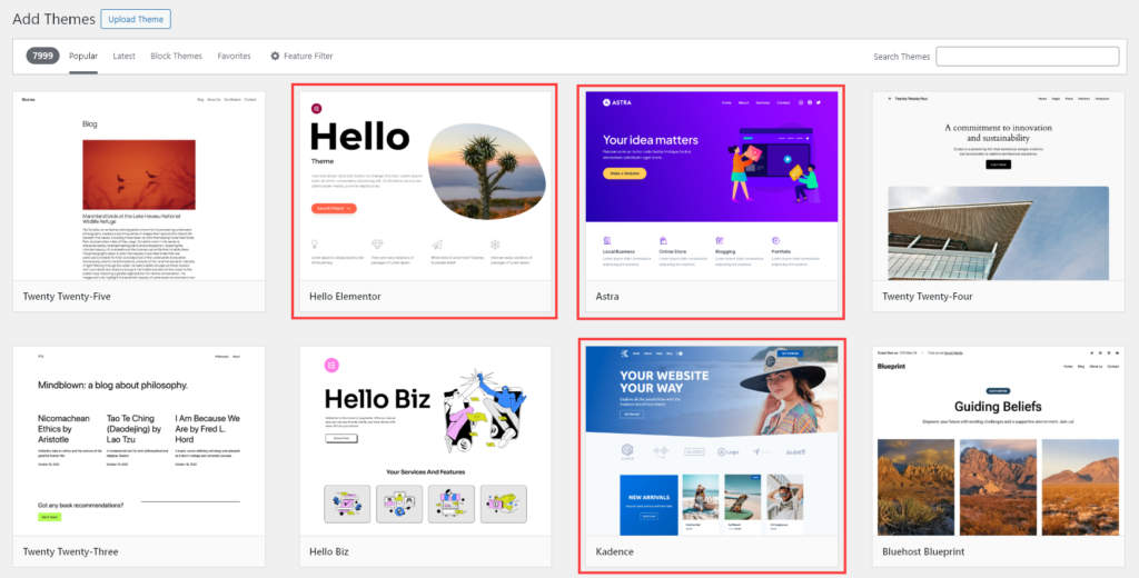 WordPress Add Themes page showing the themes Kadence WP, Elementor, and Astra