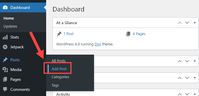 Adding a new post in WordPress (via the side menu)