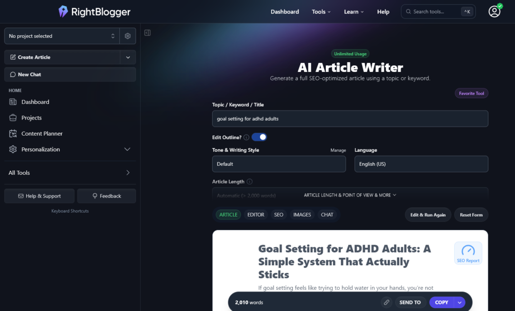RightBlogger Best AI Blogging Tool (Screen Shot) of AI Article Writer in Action