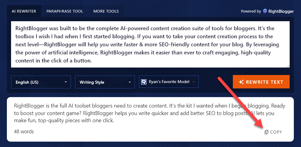 Clicking the AI Paragraph Rewriter's Copy button to copy the reworked paragraph to your clipboard (so you can paste it into any other application you want).