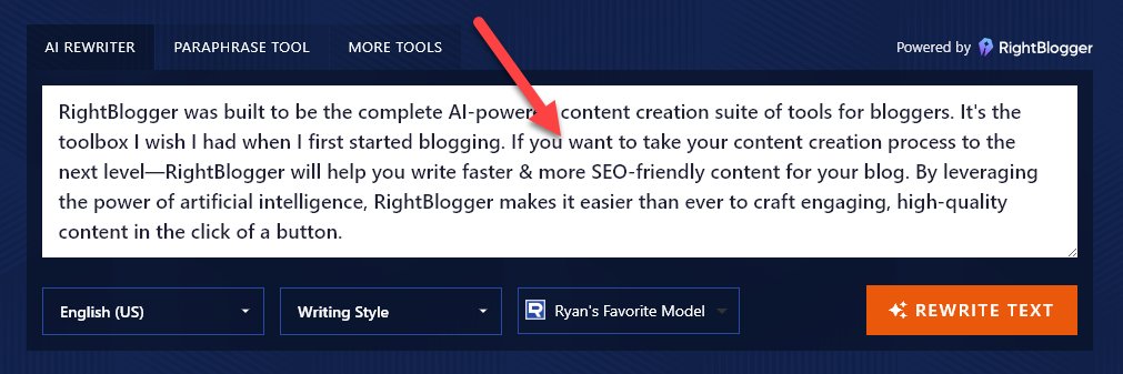 Entering a paragraph about RightBlogger for the AI Paragraph Rewriter tool to rephrase.