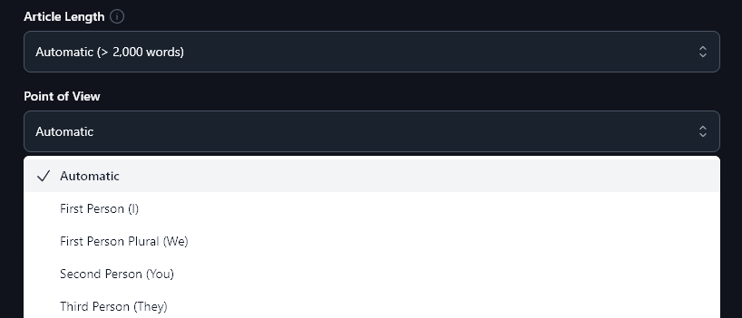 Using the Point of View dropdown when creating a new article in RightBlogger.