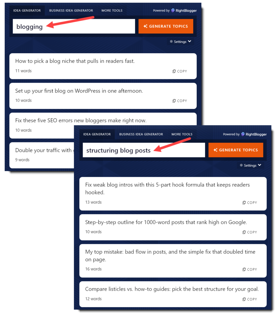 Entering a general keyword vs a specific keyword into the blog post idea generator tool.
