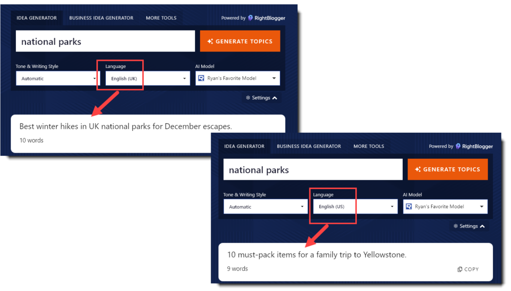 Using the language dropdown in the AI Blog Post Idea Generator.