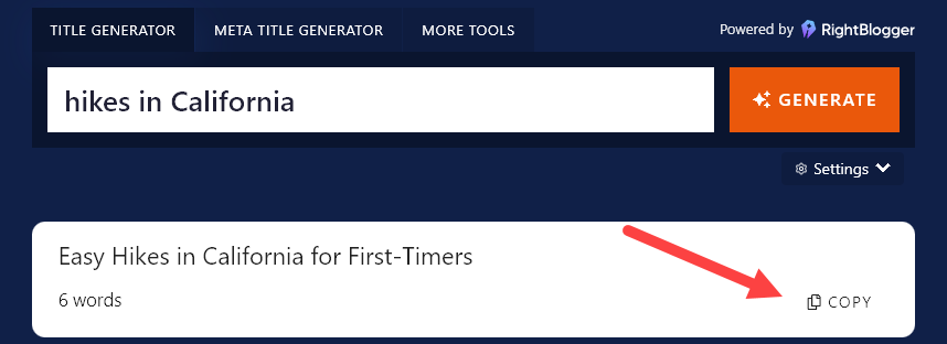 Using the Copy button to copy your preferred title from the Blog Title Generator's list