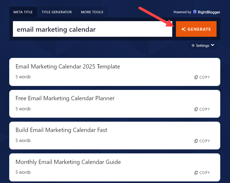 The Meta Title AI tool in action, creating a list of titles that can be copied and used.