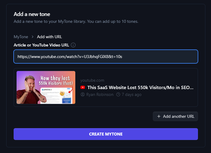 The MyTone feature in RightBlogger, creating a MyTone by entering a YouTube video URL.