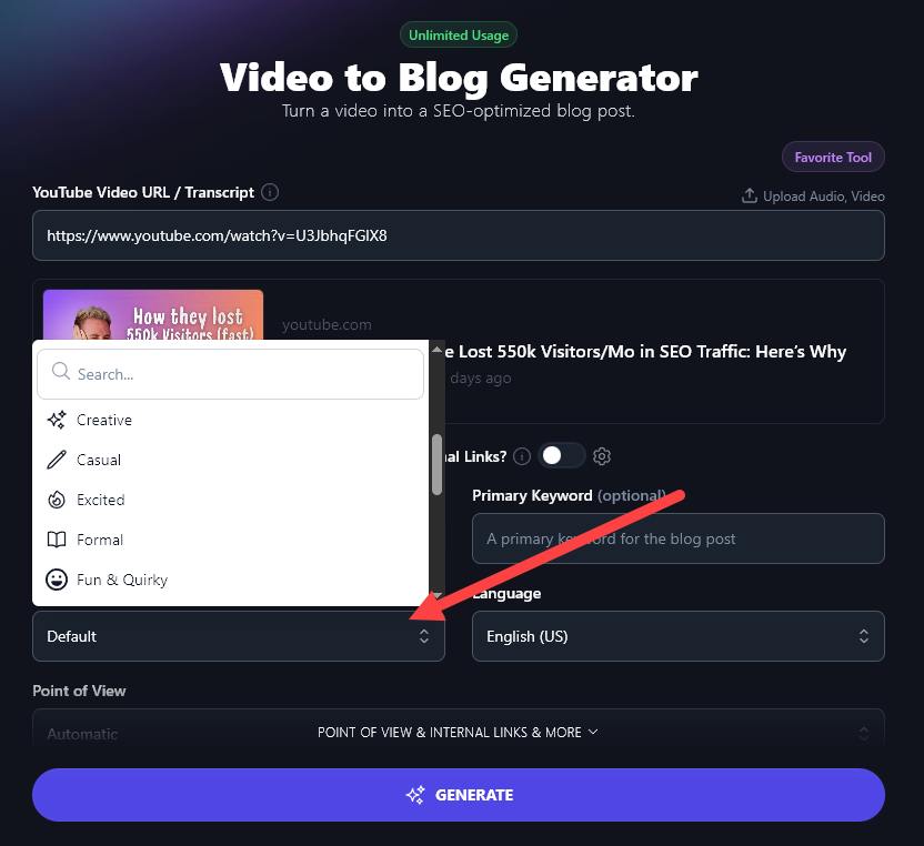 Selecting a Tone & Writing STyle in the RightBlogger version of the YouTube to Blog Post Generator tool.