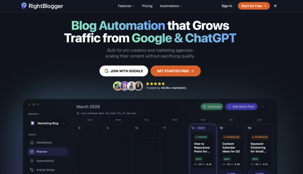 RightBlogger Blog Automation Tool System (Homepage Screenshot)