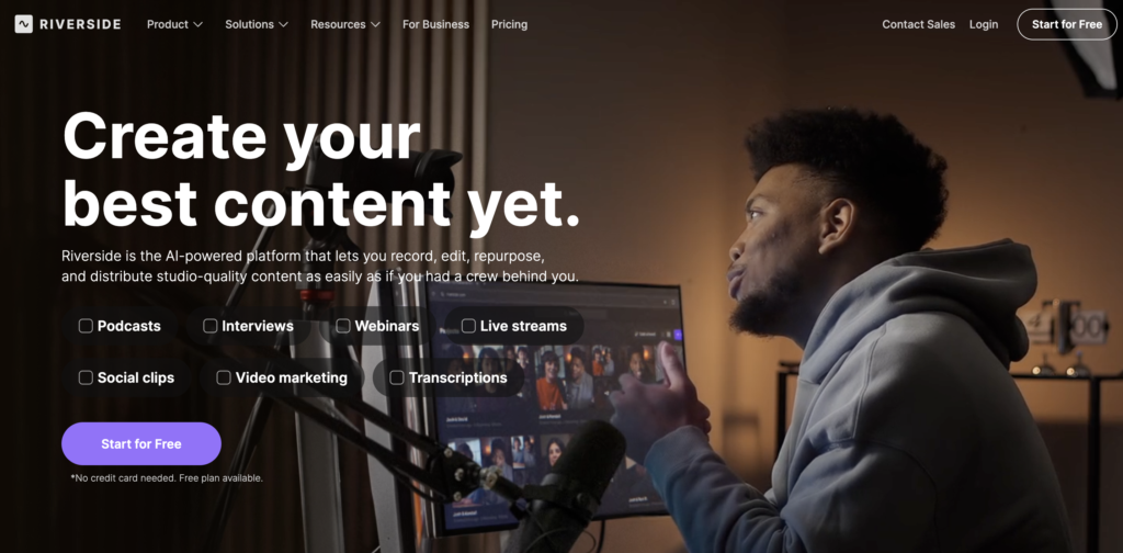 Riverside Recording Software for Webinars, Live Broadcasts, and Podcasts (Homepage)