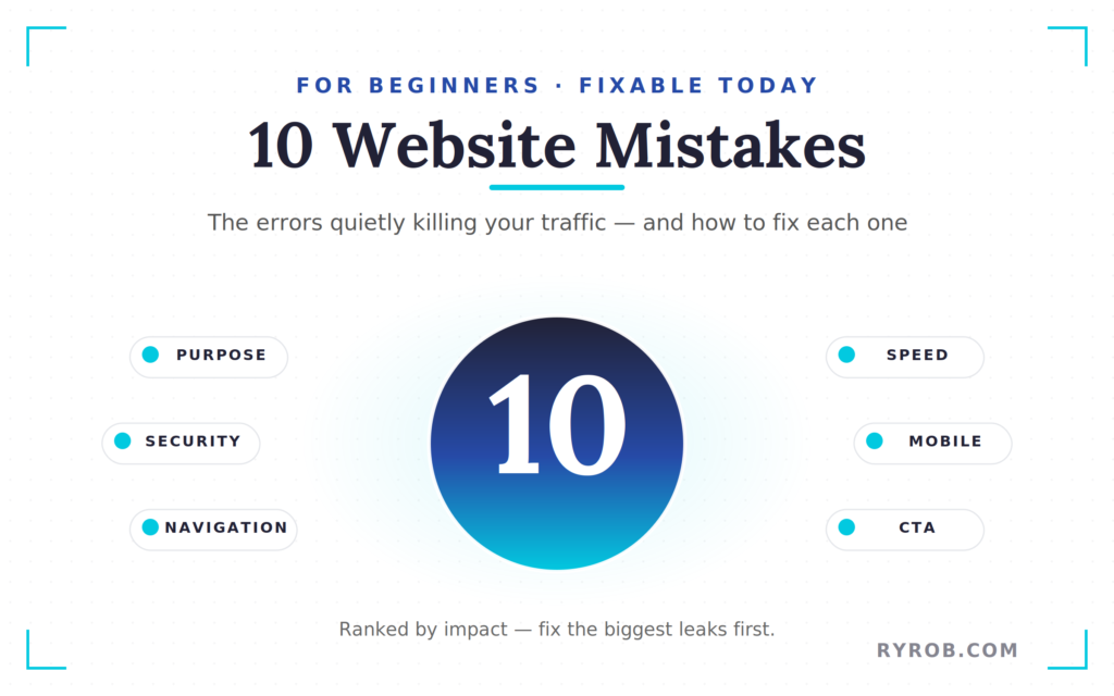 Overview of 10 common website mistakes affecting traffic and performance.