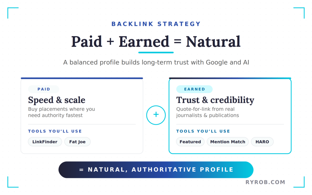Balanced backlink strategy using paid and earned links.