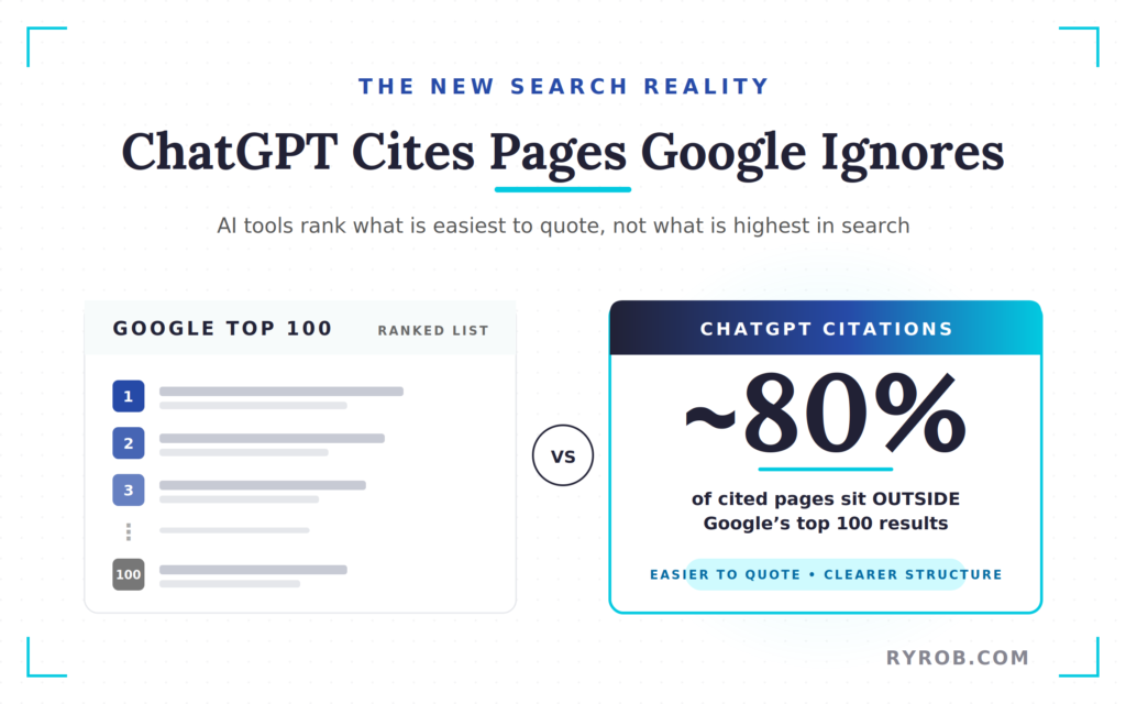 ChatGPT citations vs Google rankings showing 80 percent outside top results.
